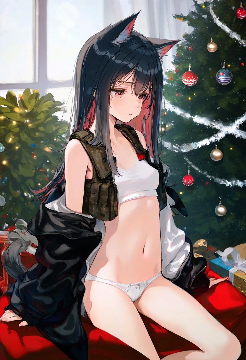 [[as109,wlop]],WANKE,ke-ta,akakura,Mika,[ciloranko],[[hiten]], - 1girl,texas \(arknights\),arknights,underwear,tactical vest,christmas tree,christmas ornaments,