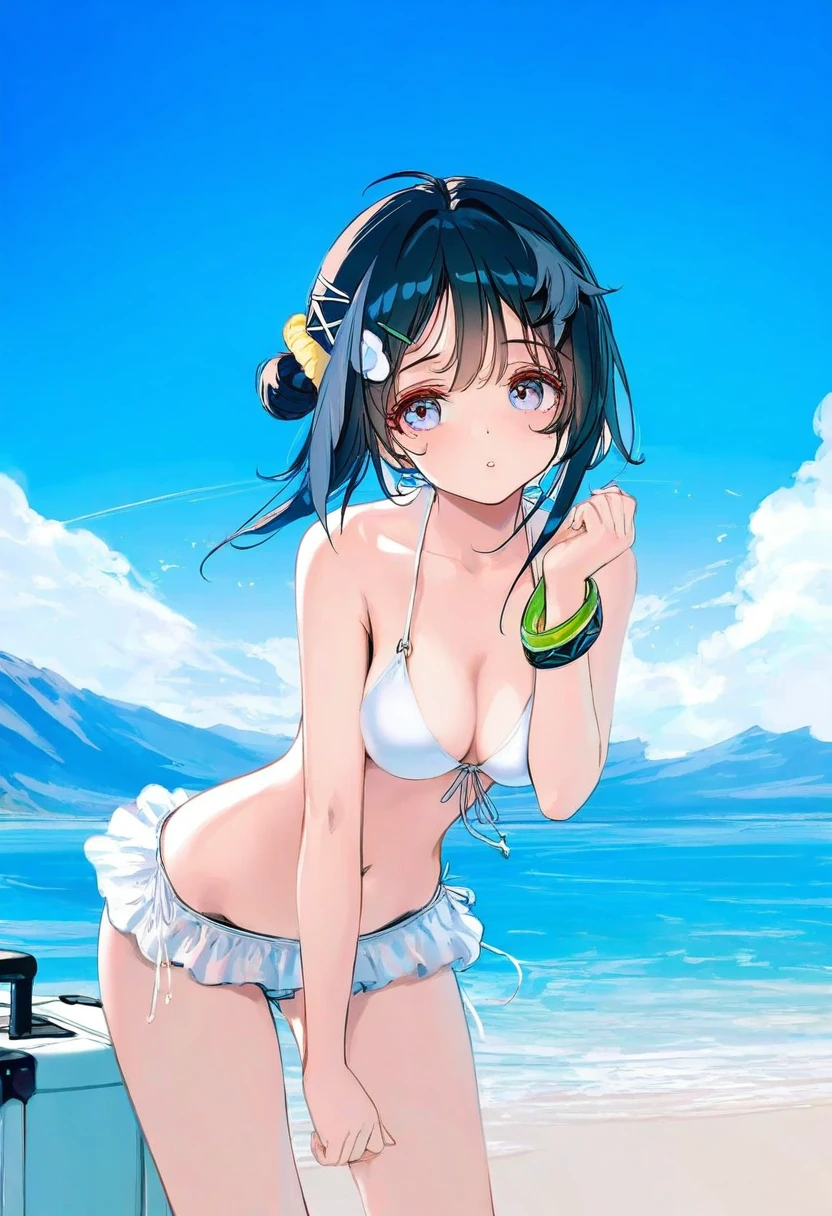 [[as109,wlop]],WANKE,ke-ta,akakura,Mika,[ciloranko],[[hiten]], - 1girl,la pluma \(summer flowers\) \(arknights\),arknights,white bikini,outdoors,navel,day,sky,blue sky,beach,suitcase,looking at viewer,ocean,low-tied long hair,leaning forward,standing,holding,frills,hand up,bare shoulders,floating hair,