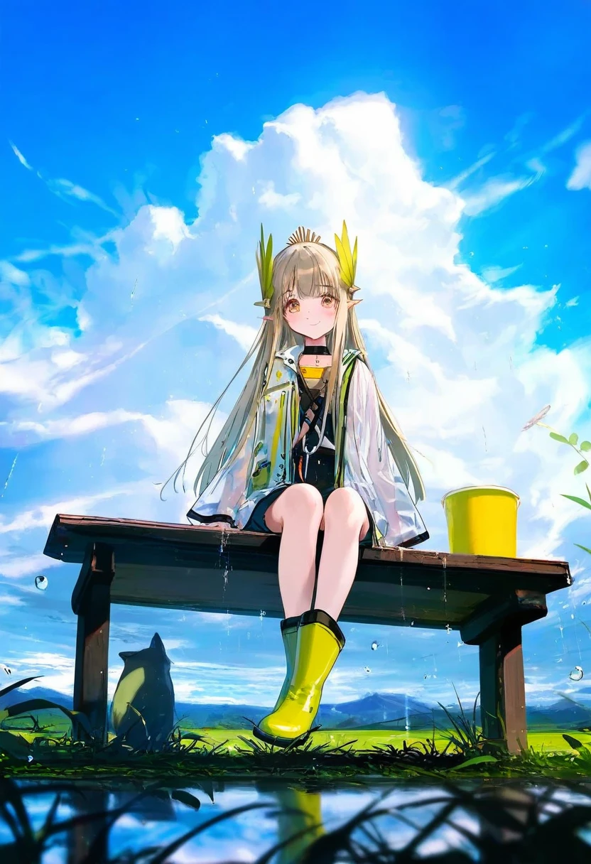 [[as109,wlop]],WANKE,ke-ta,akakura,Mika,[ciloranko],[[hiten]], - 1girl,muelsyse \(arknights\),arknights,cloudy sky,grass,on bench,outdoors,rain,road,yellow rubber boots,see-through coat,sitting,transparent raincoat,water drop,