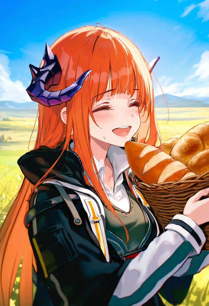 [[as109,wlop]],WANKE,ke-ta,akakura,Mika,[ciloranko],[[hiten]], - 1girl,bagpipe \(arknights\),arknights,baguette,blush,bread,croissant,holding basket,pretzel,upper body,straw hat,field,sky,laughing,sweat,sunlight,