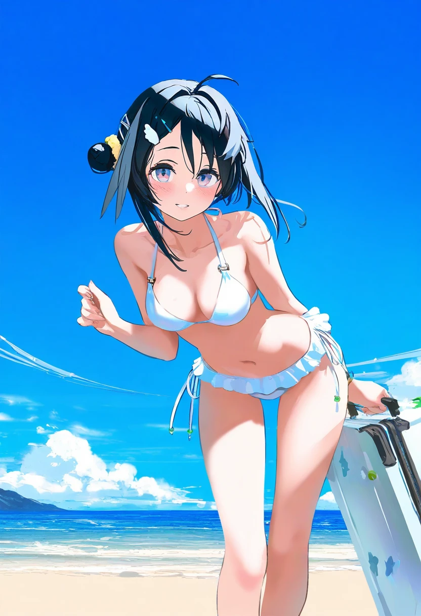 (atsuage \(kakinop\)),mika pikazo,(wlop,reoen,tianliang duohe fangdongye),[ask \(askzy\)],[kantoku], - 1girl,la pluma \(summer flowers\) \(arknights\),arknights,white bikini,outdoors,navel,day,sky,blue sky,beach,suitcase,looking at viewer,ocean,low-tied long hair,leaning forward,standing,holding,frills,hand up,bare shoulders,floating hair,