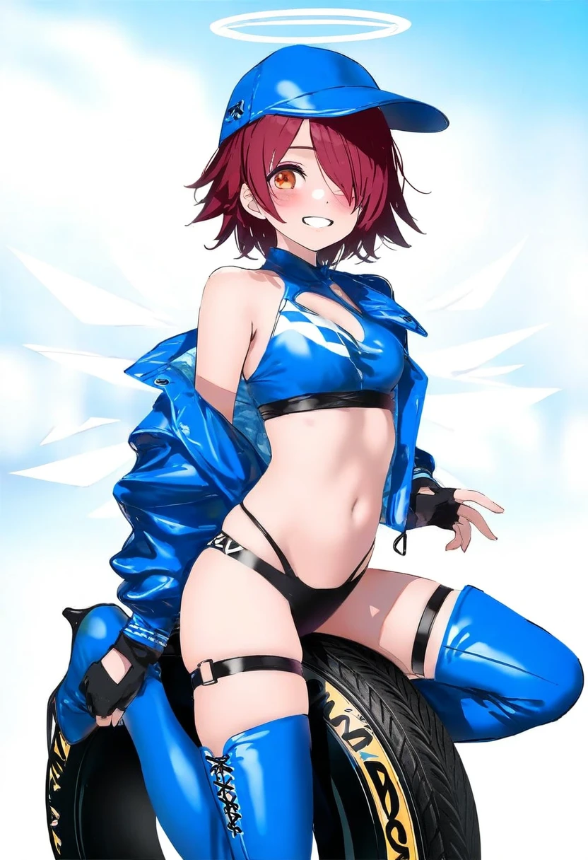 (atsuage \(kakinop\)),mika pikazo,(wlop,reoen,tianliang duohe fangdongye),[ask \(askzy\)],[kantoku], - 1girl,exusiai \(arknights\),arknights,black gloves,black panties,blue thigh boots,blue hat,blue jacket,long sleeves,race queen,thigh strap,thong,single bare shoulder,skindentation,tire,