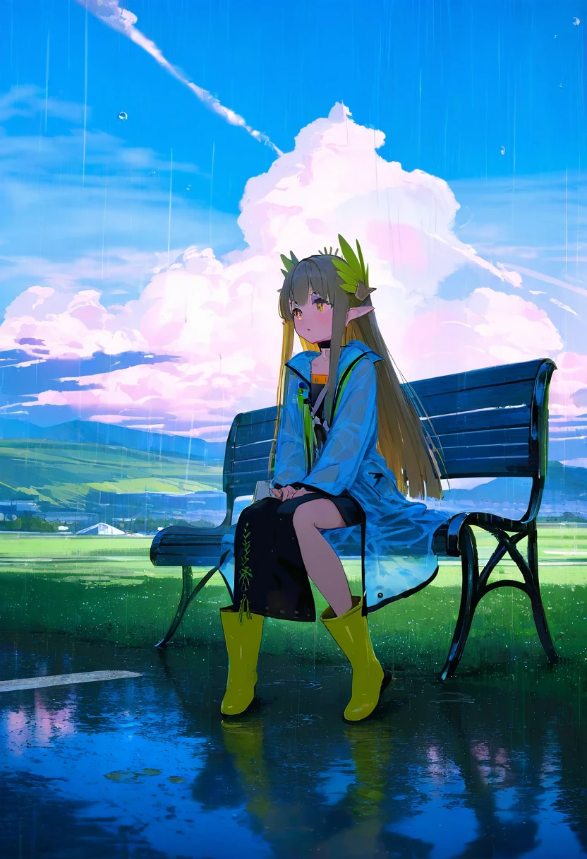 (atsuage \(kakinop\)),mika pikazo,(wlop,reoen,tianliang duohe fangdongye),[ask \(askzy\)],[kantoku], - 1girl,muelsyse \(arknights\),arknights,cloudy sky,grass,on bench,outdoors,rain,road,yellow rubber boots,see-through coat,sitting,transparent raincoat,water drop,