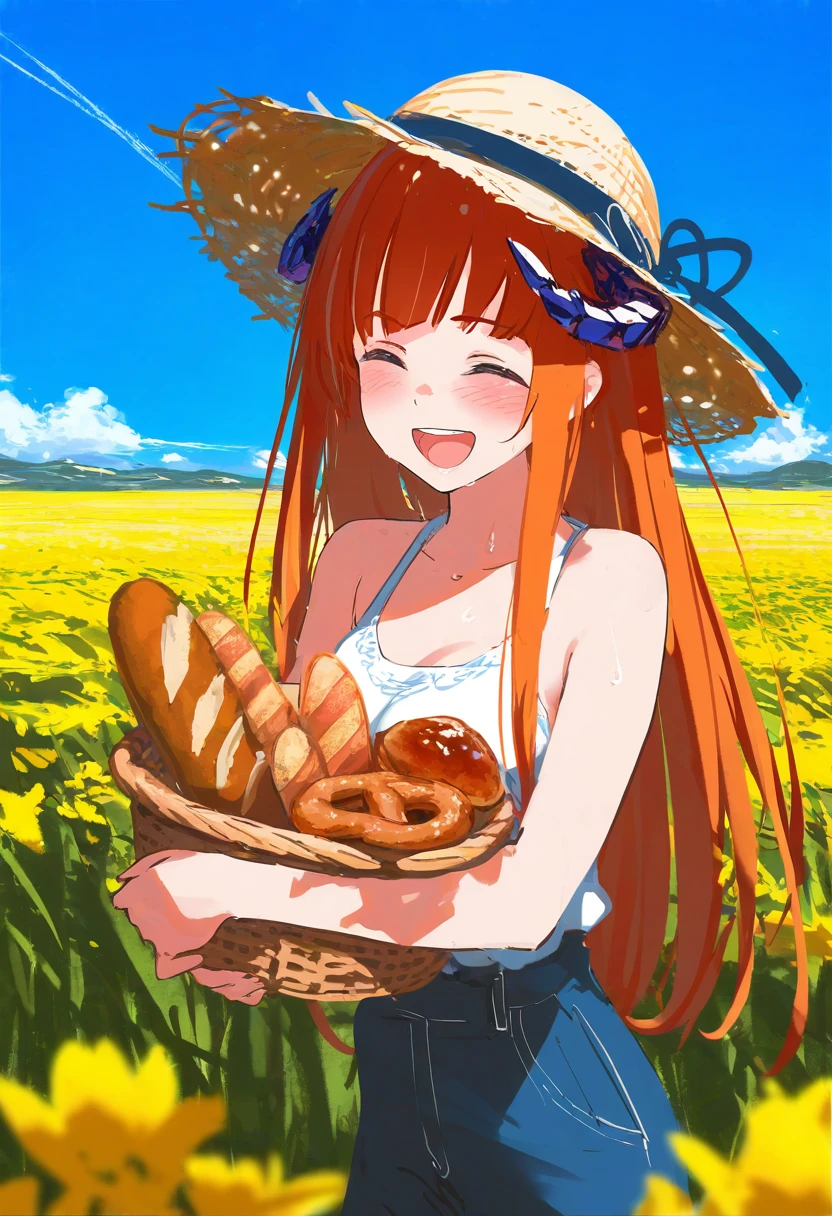 (atsuage \(kakinop\)),mika pikazo,(wlop,reoen,tianliang duohe fangdongye),[ask \(askzy\)],[kantoku], - 1girl,bagpipe \(arknights\),arknights,baguette,blush,bread,croissant,holding basket,pretzel,upper body,straw hat,field,sky,laughing,sweat,sunlight,