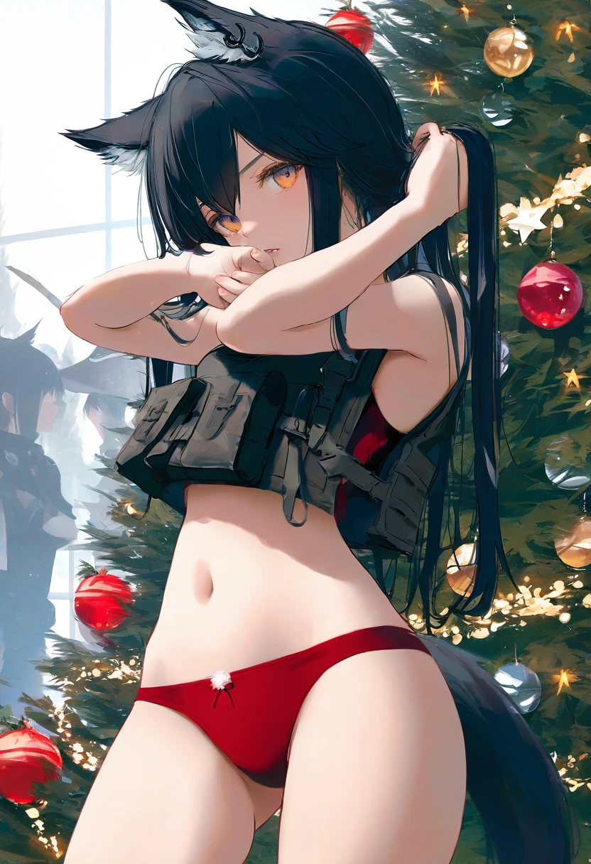 mikaze oto,[kedama milk],[ask \(askzy\)],wanke,wlop, - 1girl,texas \(arknights\),arknights,underwear,tactical vest,christmas tree,christmas ornaments,