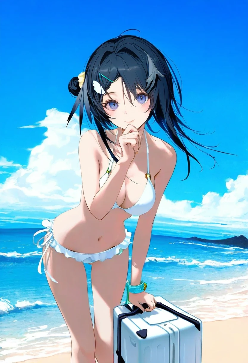 mikaze oto,[kedama milk],[ask \(askzy\)],wanke,wlop, - 1girl,la pluma \(summer flowers\) \(arknights\),arknights,white bikini,outdoors,navel,day,sky,blue sky,beach,suitcase,looking at viewer,ocean,low-tied long hair,leaning forward,standing,holding,frills,hand up,bare shoulders,floating hair,