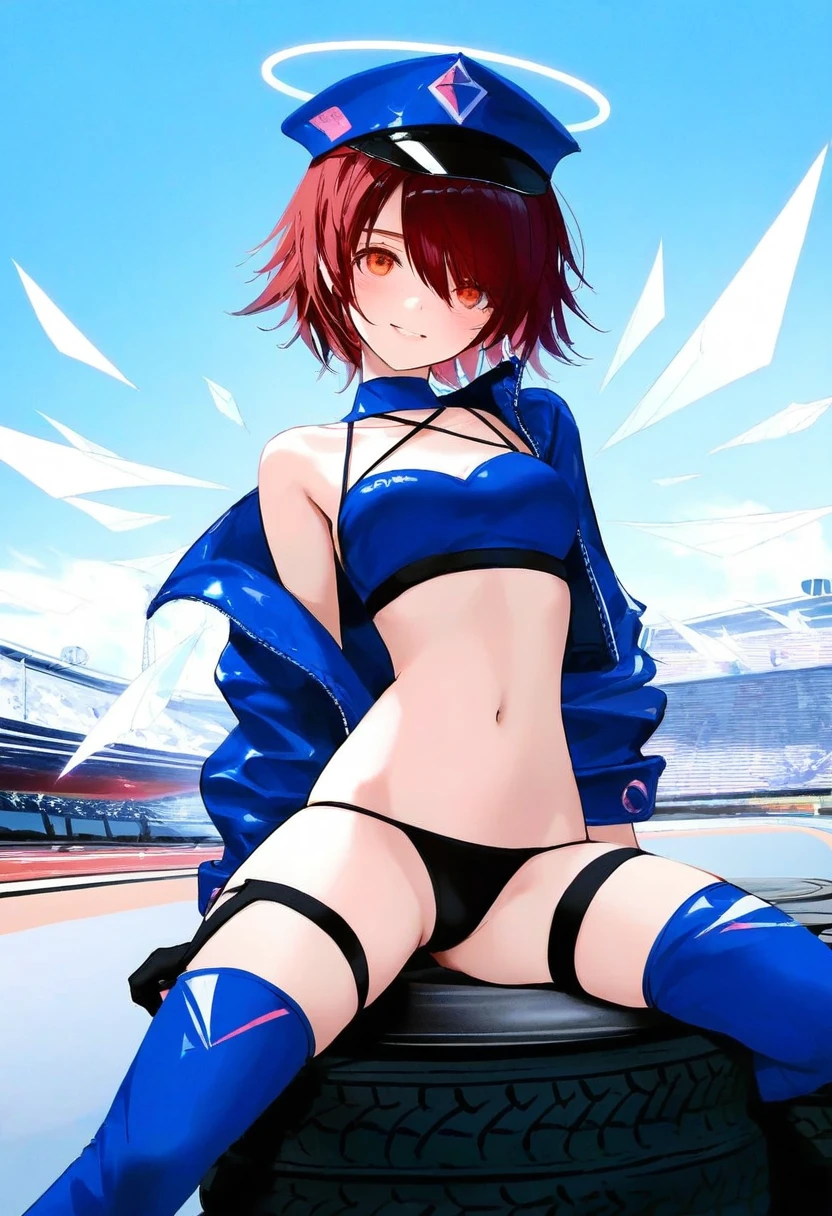 mikaze oto,[kedama milk],[ask \(askzy\)],wanke,wlop, - 1girl,exusiai \(arknights\),arknights,black gloves,black panties,blue thigh boots,blue hat,blue jacket,long sleeves,race queen,thigh strap,thong,single bare shoulder,skindentation,tire,