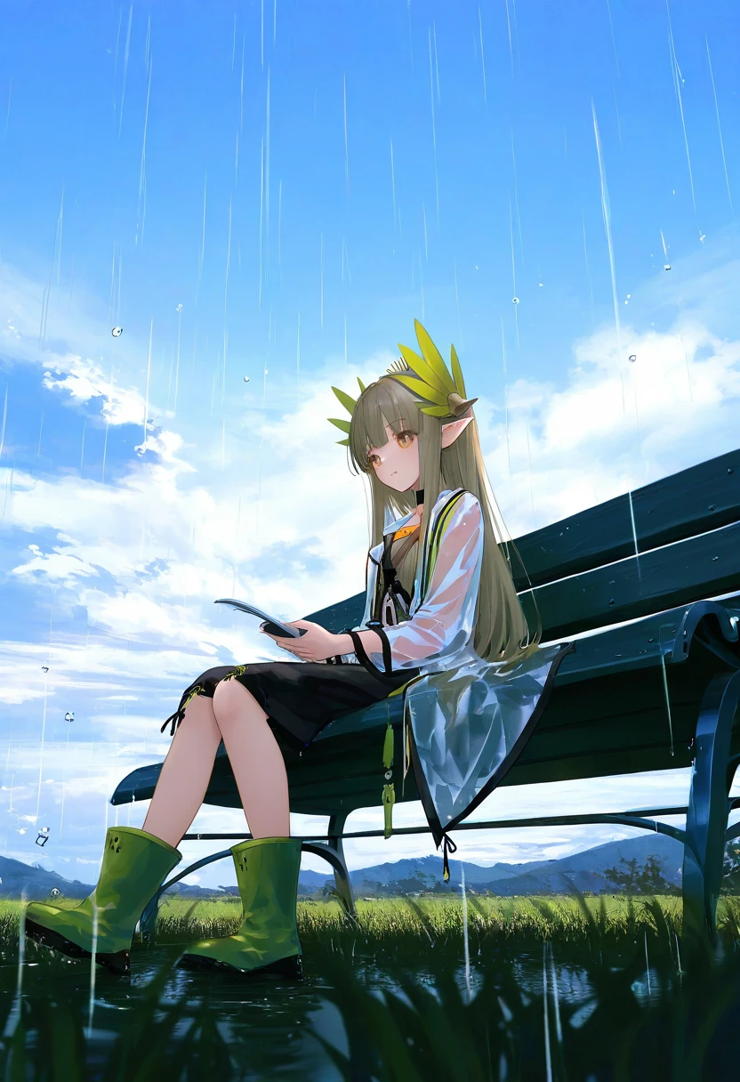 mikaze oto,[kedama milk],[ask \(askzy\)],wanke,wlop, - 1girl,muelsyse \(arknights\),arknights,cloudy sky,grass,on bench,outdoors,rain,road,yellow rubber boots,see-through coat,sitting,transparent raincoat,water drop,
