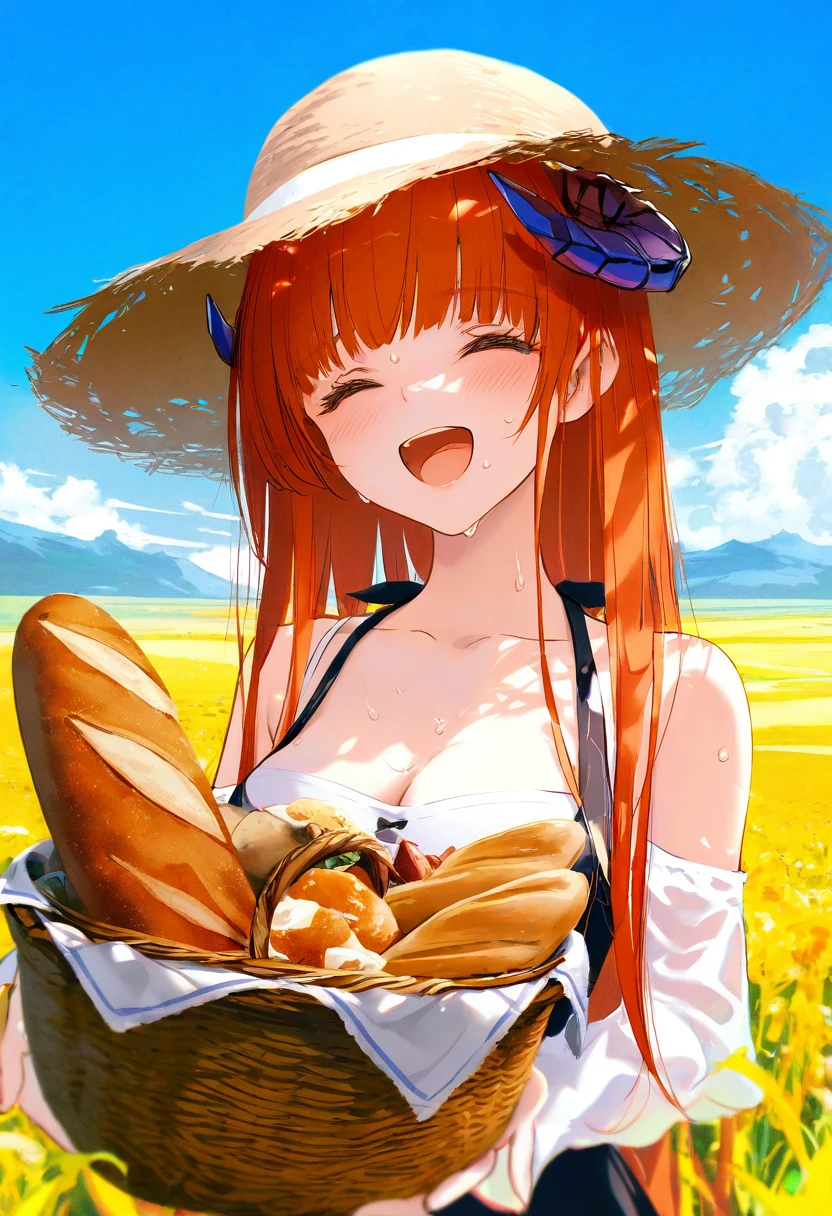 mikaze oto,[kedama milk],[ask \(askzy\)],wanke,wlop, - 1girl,bagpipe \(arknights\),arknights,baguette,blush,bread,croissant,holding basket,pretzel,upper body,straw hat,field,sky,laughing,sweat,sunlight,