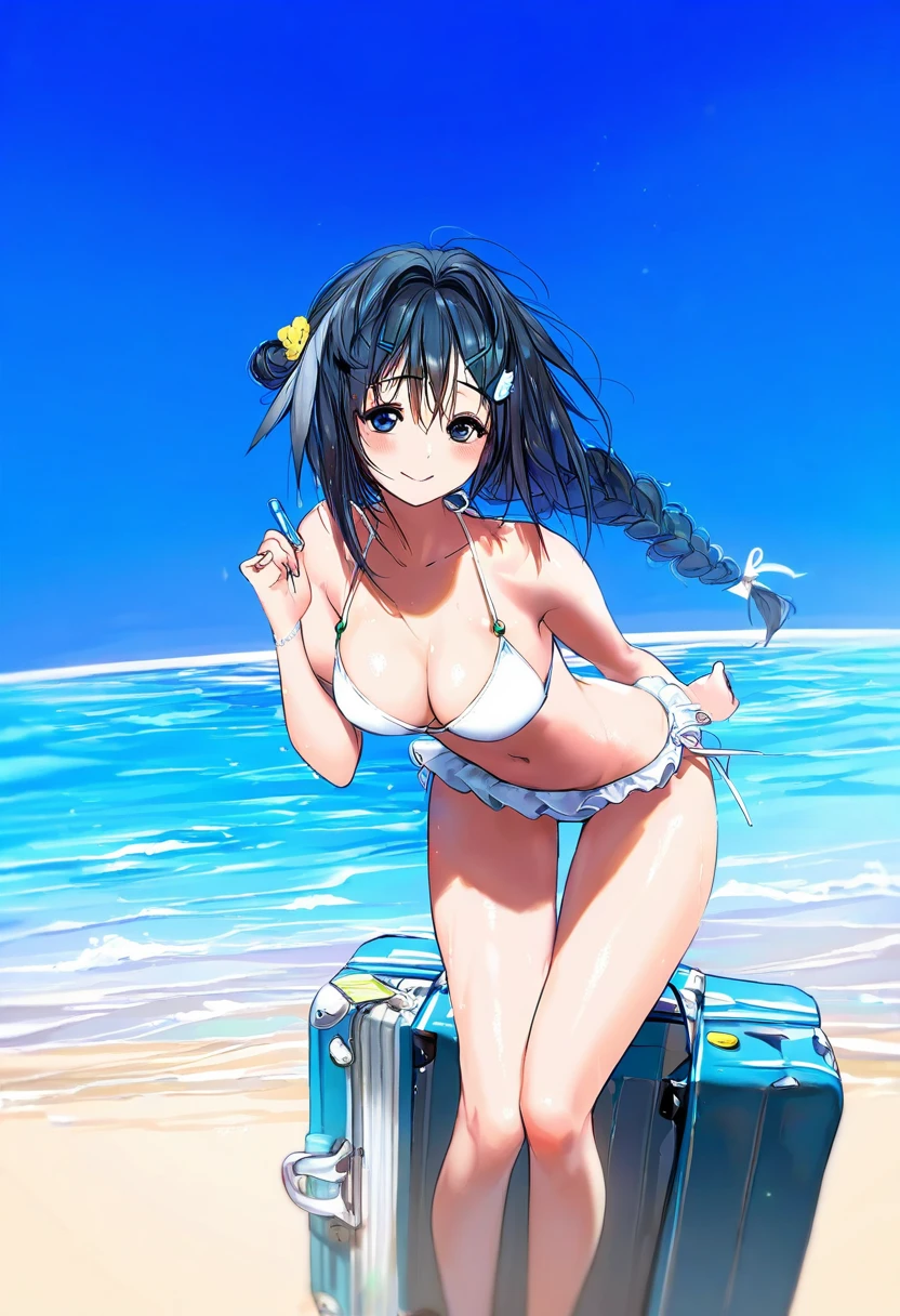 (96),[tsujii ruki,sukja,takejun,kawacy,piromizu,rinotuna,zantyarz],wlop, - 1girl,la pluma \(summer flowers\) \(arknights\),arknights,white bikini,outdoors,navel,day,sky,blue sky,beach,suitcase,looking at viewer,ocean,low-tied long hair,leaning forward,standing,holding,frills,hand up,bare shoulders,floating hair,