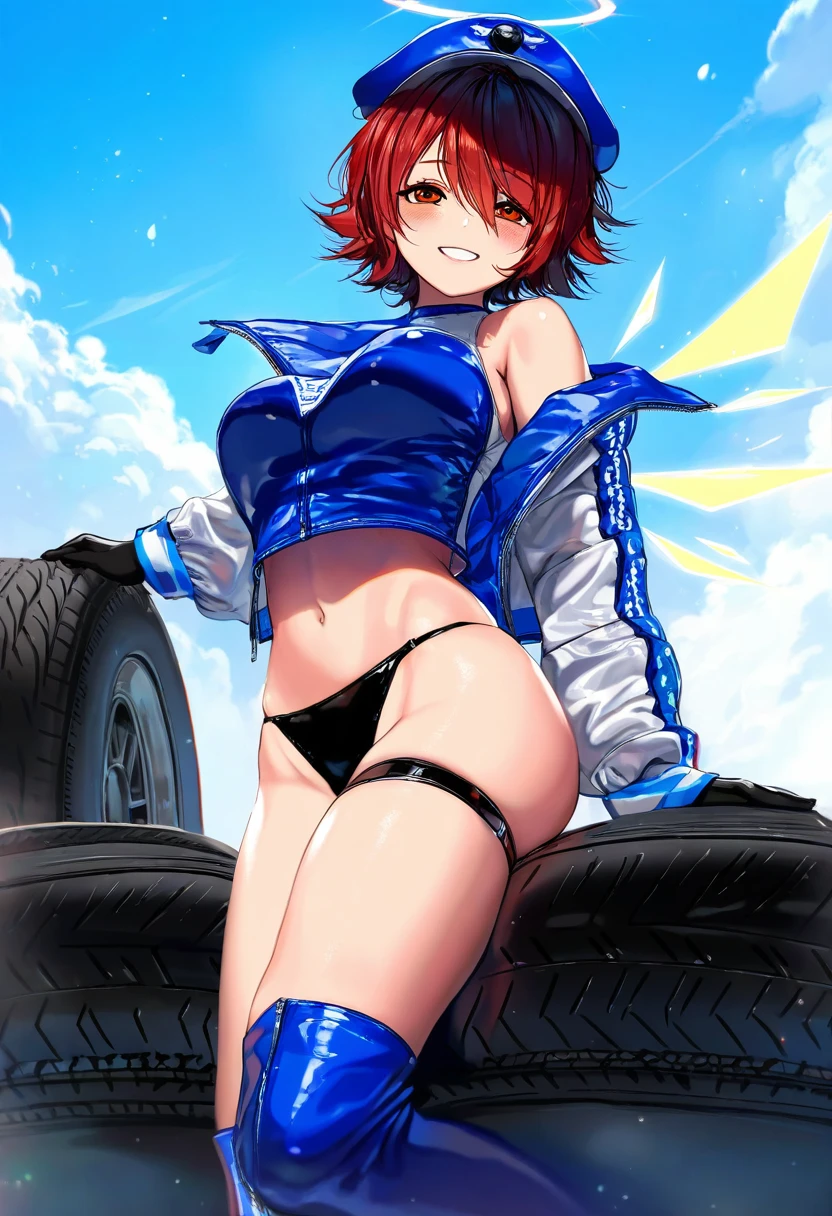 (96),[tsujii ruki,sukja,takejun,kawacy,piromizu,rinotuna,zantyarz],wlop, - 1girl,exusiai \(arknights\),arknights,black gloves,black panties,blue thigh boots,blue hat,blue jacket,long sleeves,race queen,thigh strap,thong,single bare shoulder,skindentation,tire,