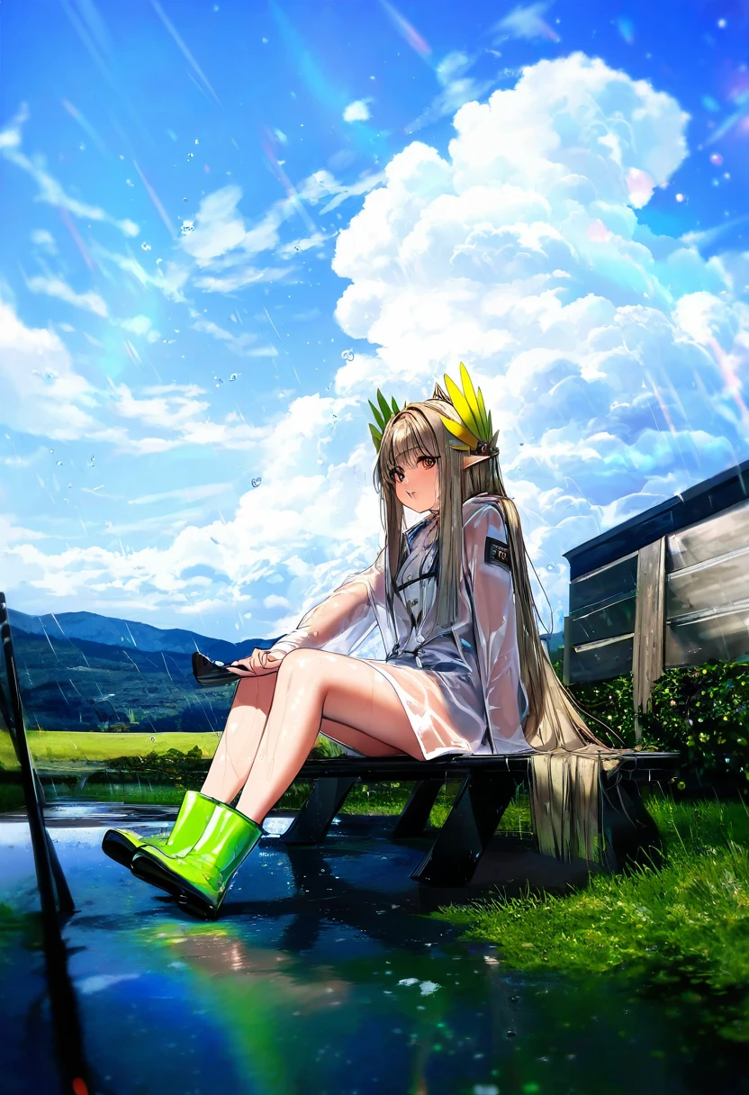 (96),[tsujii ruki,sukja,takejun,kawacy,piromizu,rinotuna,zantyarz],wlop, - 1girl,muelsyse \(arknights\),arknights,cloudy sky,grass,on bench,outdoors,rain,road,yellow rubber boots,see-through coat,sitting,transparent raincoat,water drop,