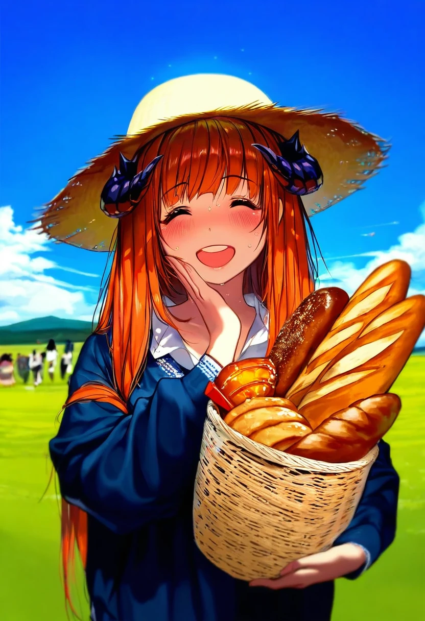 (96),[tsujii ruki,sukja,takejun,kawacy,piromizu,rinotuna,zantyarz],wlop, - 1girl,bagpipe \(arknights\),arknights,baguette,blush,bread,croissant,holding basket,pretzel,upper body,straw hat,field,sky,laughing,sweat,sunlight,