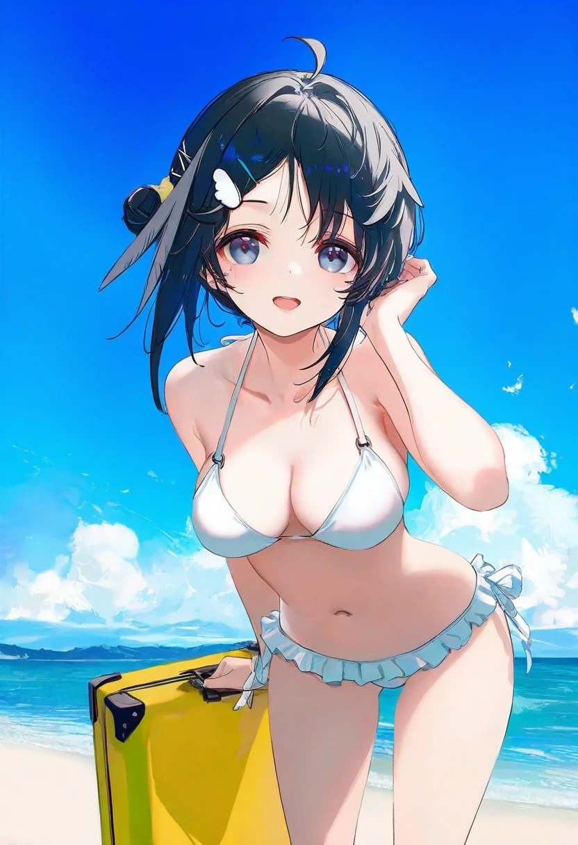 chen bin,wlop,[kedama milk],momoco,ke-ta,40hara,[As109],Torino,ask\(askzy\),ciloranko,[sho \(sho lwlw\)],[Rella],[omone hokoma agm], - 1girl,la pluma \(summer flowers\) \(arknights\),arknights,white bikini,outdoors,navel,day,sky,blue sky,beach,suitcase,looking at viewer,ocean,low-tied long hair,leaning forward,standing,holding,frills,hand up,bare shoulders,floating hair,