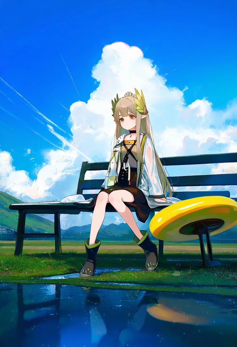 chen bin,wlop,[kedama milk],momoco,ke-ta,40hara,[As109],Torino,ask\(askzy\),ciloranko,[sho \(sho lwlw\)],[Rella],[omone hokoma agm], - 1girl,muelsyse \(arknights\),arknights,cloudy sky,grass,on bench,outdoors,rain,road,yellow rubber boots,see-through coat,sitting,transparent raincoat,water drop,