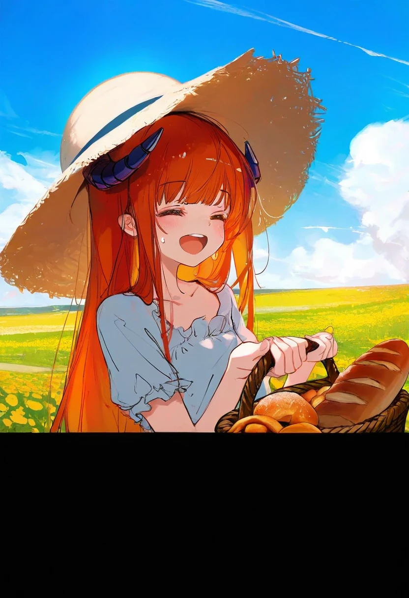 chen bin,wlop,[kedama milk],momoco,ke-ta,40hara,[As109],Torino,ask\(askzy\),ciloranko,[sho \(sho lwlw\)],[Rella],[omone hokoma agm], - 1girl,bagpipe \(arknights\),arknights,baguette,blush,bread,croissant,holding basket,pretzel,upper body,straw hat,field,sky,laughing,sweat,sunlight,