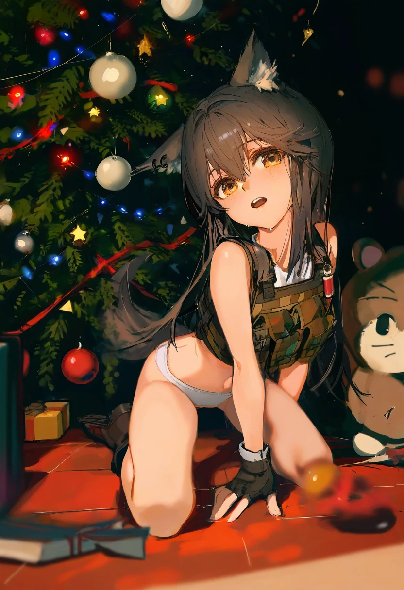 (( yoneyama mai)),( ciloranko),[dino \(dinoartforame\)],(saitou natsuki),ayul \(ayulneri 92\),[wlop],fujiyama, - 1girl,texas \(arknights\),arknights,underwear,tactical vest,christmas tree,christmas ornaments,