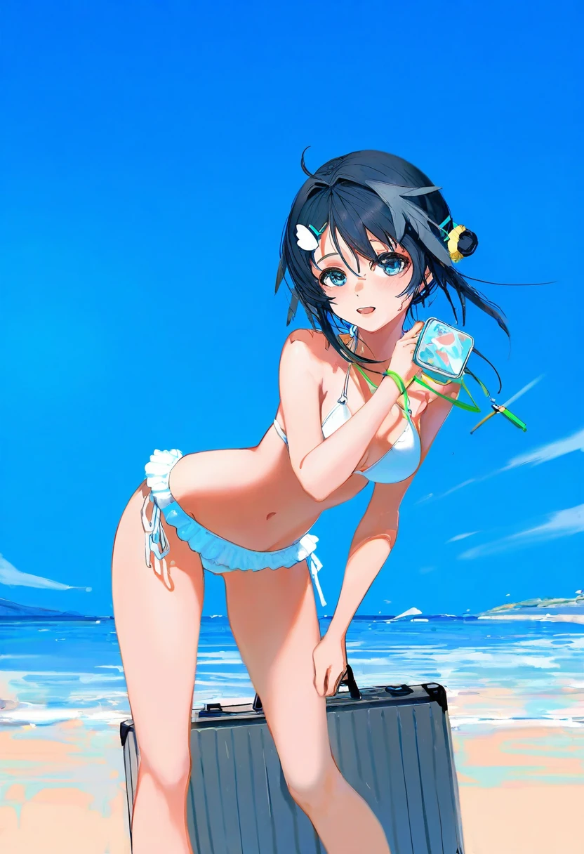 (( yoneyama mai)),( ciloranko),[dino \(dinoartforame\)],(saitou natsuki),ayul \(ayulneri 92\),[wlop],fujiyama, - 1girl,la pluma \(summer flowers\) \(arknights\),arknights,white bikini,outdoors,navel,day,sky,blue sky,beach,suitcase,looking at viewer,ocean,low-tied long hair,leaning forward,standing,holding,frills,hand up,bare shoulders,floating hair,