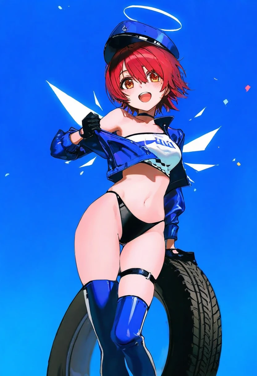 (( yoneyama mai)),( ciloranko),[dino \(dinoartforame\)],(saitou natsuki),ayul \(ayulneri 92\),[wlop],fujiyama, - 1girl,exusiai \(arknights\),arknights,black gloves,black panties,blue thigh boots,blue hat,blue jacket,long sleeves,race queen,thigh strap,thong,single bare shoulder,skindentation,tire,
