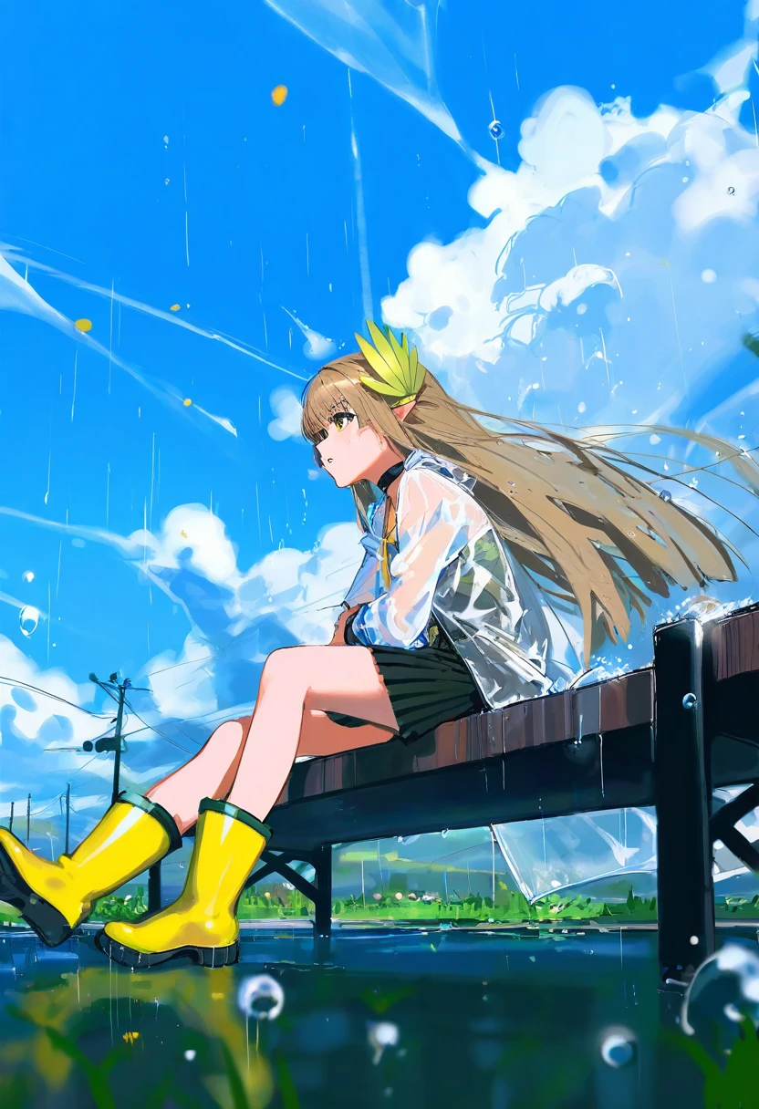 (( yoneyama mai)),( ciloranko),[dino \(dinoartforame\)],(saitou natsuki),ayul \(ayulneri 92\),[wlop],fujiyama, - 1girl,muelsyse \(arknights\),arknights,cloudy sky,grass,on bench,outdoors,rain,road,yellow rubber boots,see-through coat,sitting,transparent raincoat,water drop,