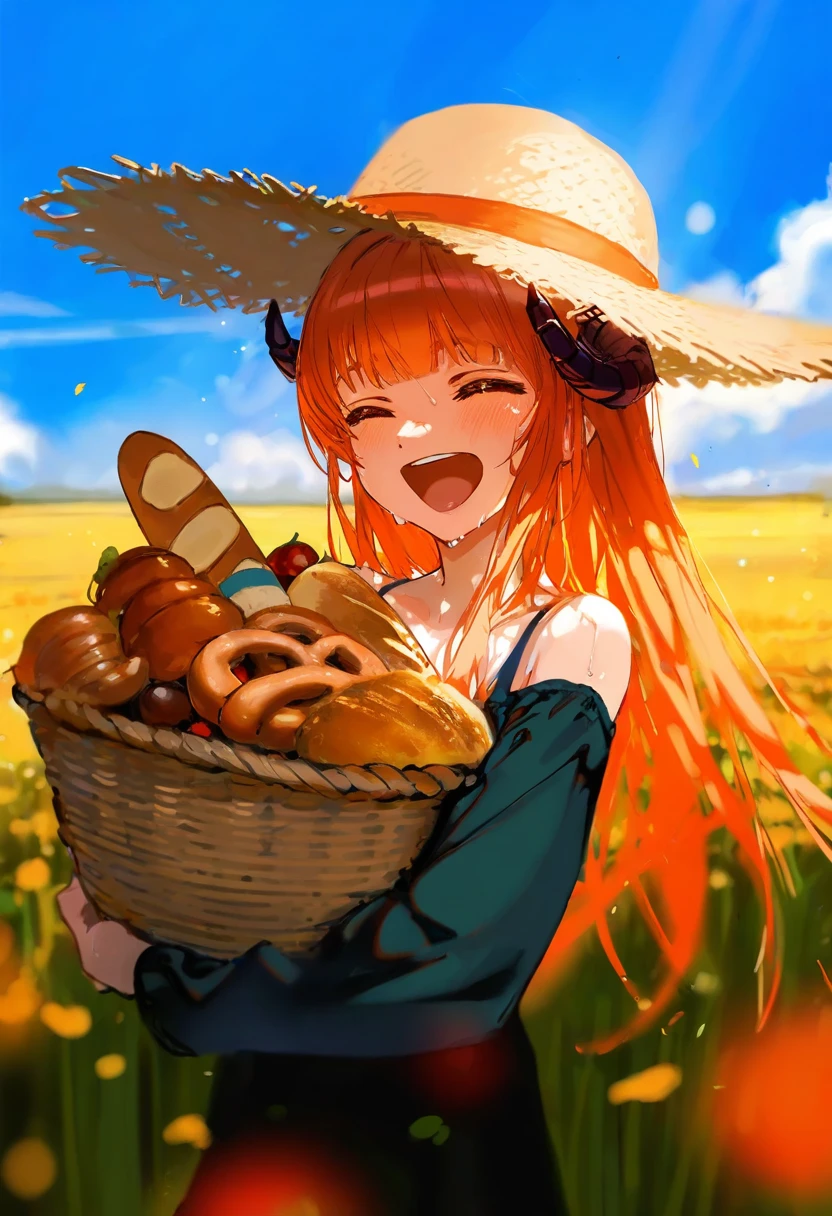 (( yoneyama mai)),( ciloranko),[dino \(dinoartforame\)],(saitou natsuki),ayul \(ayulneri 92\),[wlop],fujiyama, - 1girl,bagpipe \(arknights\),arknights,baguette,blush,bread,croissant,holding basket,pretzel,upper body,straw hat,field,sky,laughing,sweat,sunlight,