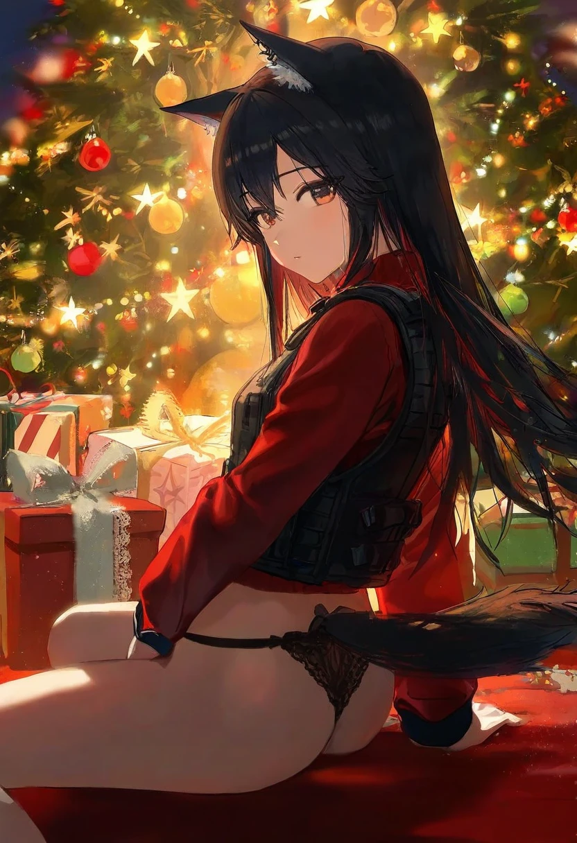 wan ke,[ciloranko],[hiten],[[modare]],[[wlop]], - 1girl,texas \(arknights\),arknights,underwear,tactical vest,christmas tree,christmas ornaments,