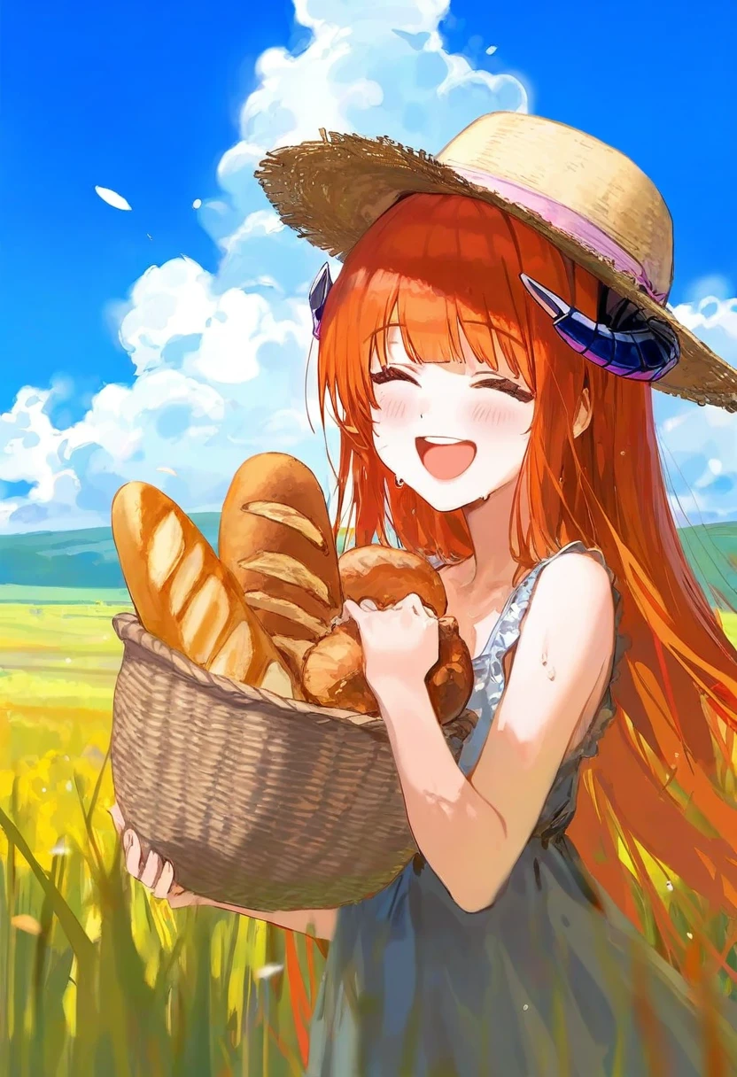 wan ke,[ciloranko],[hiten],[[modare]],[[wlop]], - 1girl,bagpipe \(arknights\),arknights,baguette,blush,bread,croissant,holding basket,pretzel,upper body,straw hat,field,sky,laughing,sweat,sunlight,