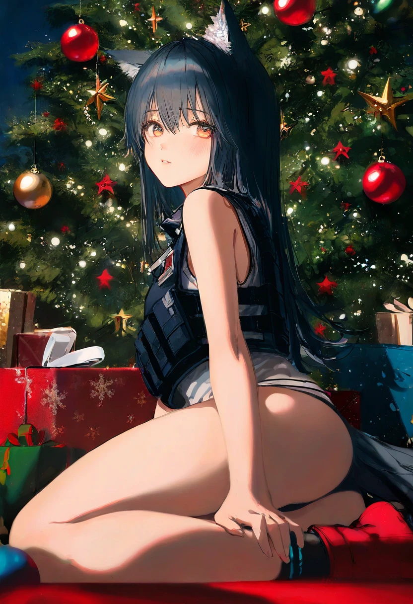 [[wlop]],WANKE,[ciloranko],[hiten], - 1girl,texas \(arknights\),arknights,underwear,tactical vest,christmas tree,christmas ornaments,
