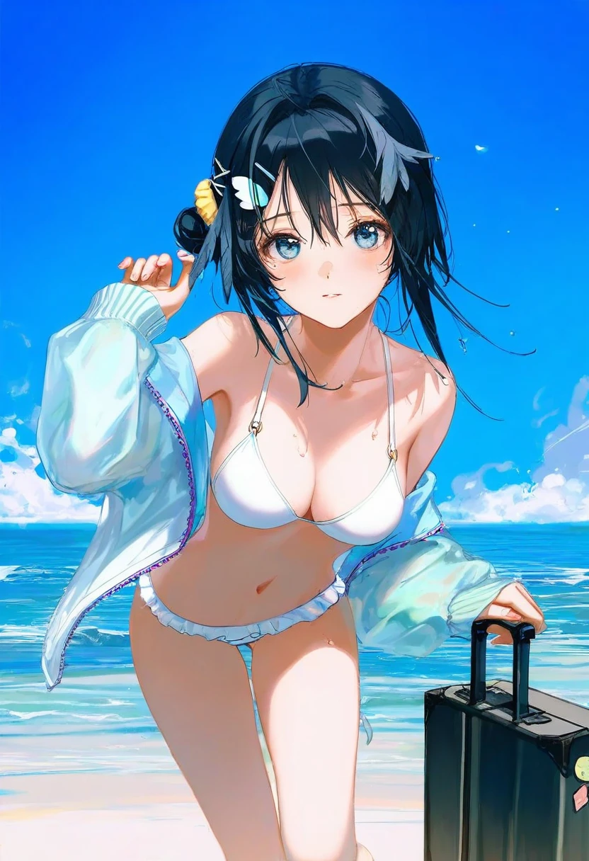 [[wlop]],WANKE,[ciloranko],[hiten], - 1girl,la pluma \(summer flowers\) \(arknights\),arknights,white bikini,outdoors,navel,day,sky,blue sky,beach,suitcase,looking at viewer,ocean,low-tied long hair,leaning forward,standing,holding,frills,hand up,bare shoulders,floating hair,