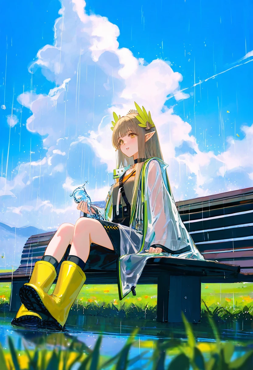 [[wlop]],WANKE,[ciloranko],[hiten], - 1girl,muelsyse \(arknights\),arknights,cloudy sky,grass,on bench,outdoors,rain,road,yellow rubber boots,see-through coat,sitting,transparent raincoat,water drop,