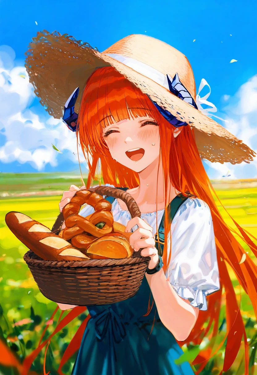 [[wlop]],WANKE,[ciloranko],[hiten], - 1girl,bagpipe \(arknights\),arknights,baguette,blush,bread,croissant,holding basket,pretzel,upper body,straw hat,field,sky,laughing,sweat,sunlight,