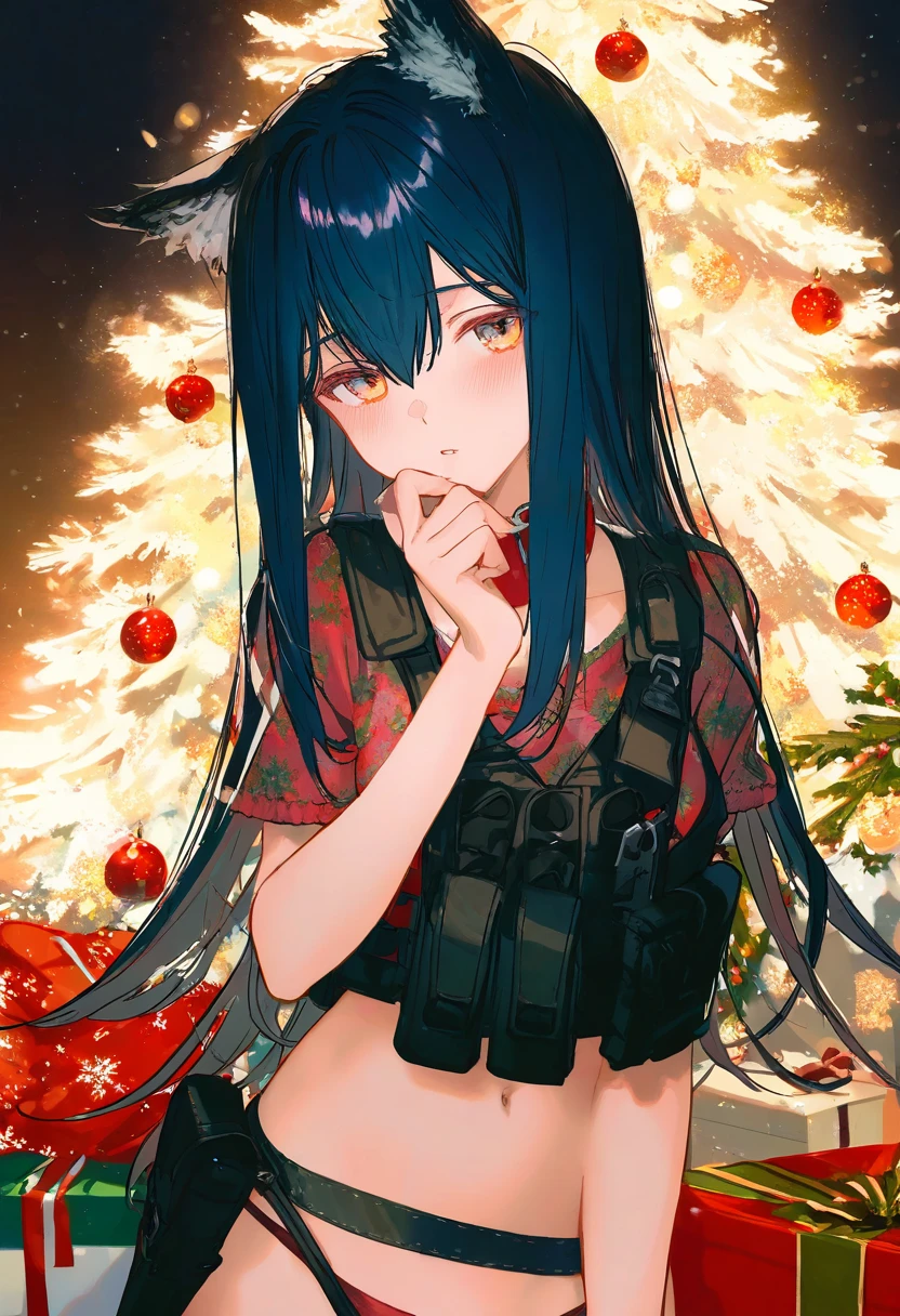 [mika pikazo],[ciloranko],kazutake hazano,[kedama milk],[ask \(askzy\)],wanke,wlop,fujiyama, - 1girl,texas \(arknights\),arknights,underwear,tactical vest,christmas tree,christmas ornaments,