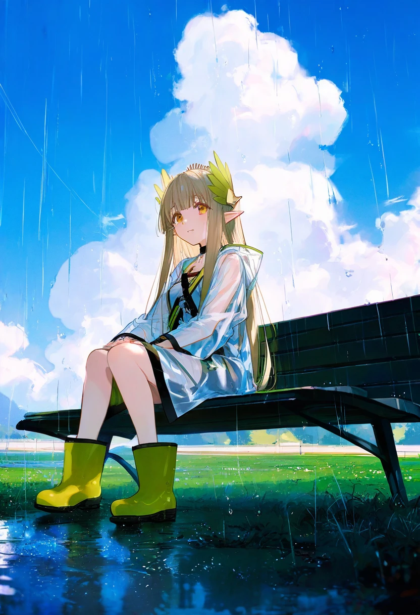 [mika pikazo],[ciloranko],kazutake hazano,[kedama milk],[ask \(askzy\)],wanke,wlop,fujiyama, - 1girl,muelsyse \(arknights\),arknights,cloudy sky,grass,on bench,outdoors,rain,road,yellow rubber boots,see-through coat,sitting,transparent raincoat,water drop,