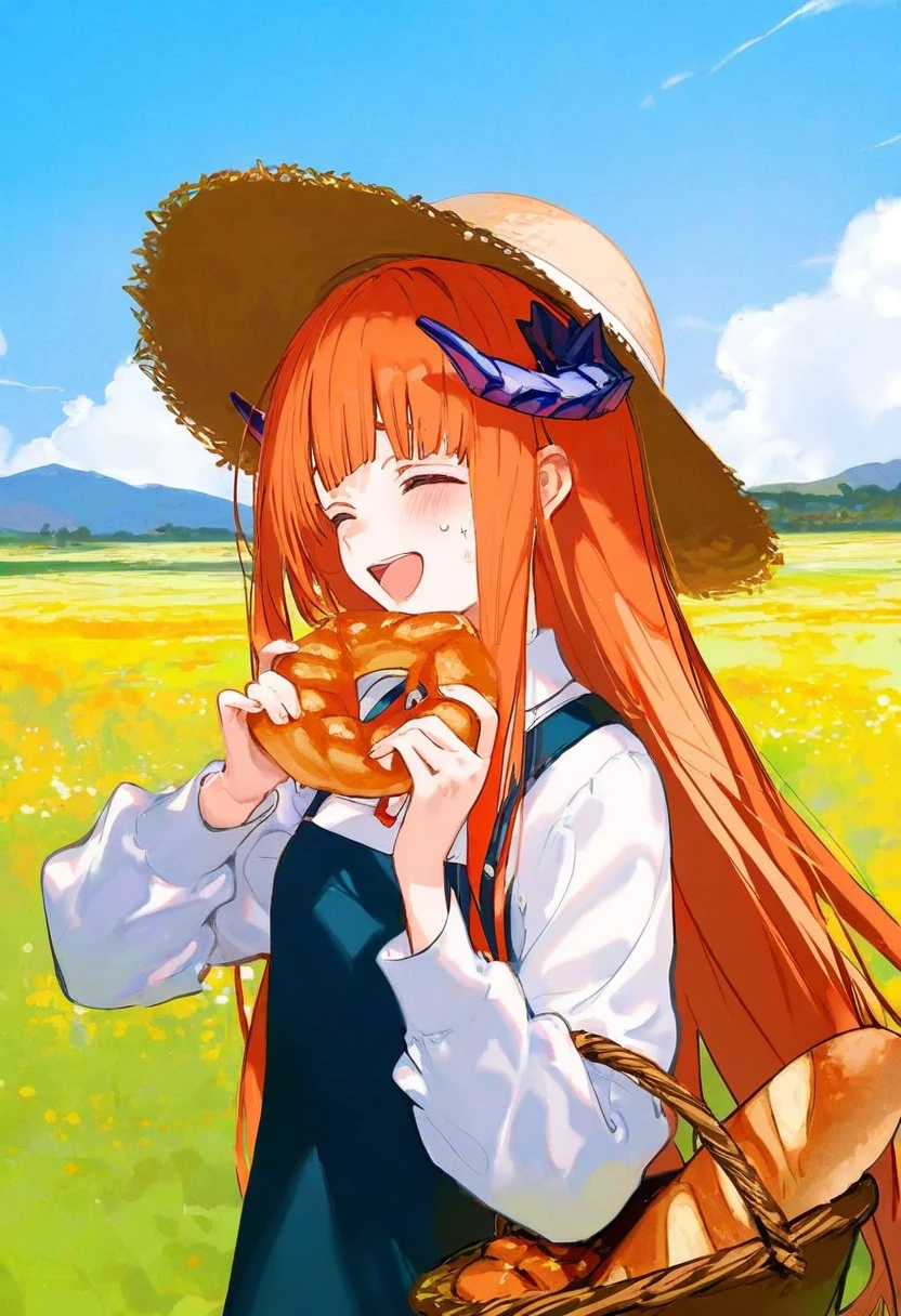 [mika pikazo],[ciloranko],kazutake hazano,[kedama milk],[ask \(askzy\)],wanke,wlop,fujiyama, - 1girl,bagpipe \(arknights\),arknights,baguette,blush,bread,croissant,holding basket,pretzel,upper body,straw hat,field,sky,laughing,sweat,sunlight,