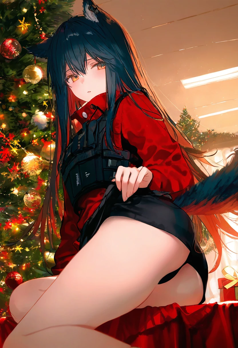 [ciloranko],kazutake hazano,kedama milk,[ask \(askzy\)],wanke,wlop,fujiyama,artisit:yuyu \(yuyuworks\),hiten \(hitenkei\),atrisit:dishwasher1910, - 1girl,texas \(arknights\),arknights,underwear,tactical vest,christmas tree,christmas ornaments,