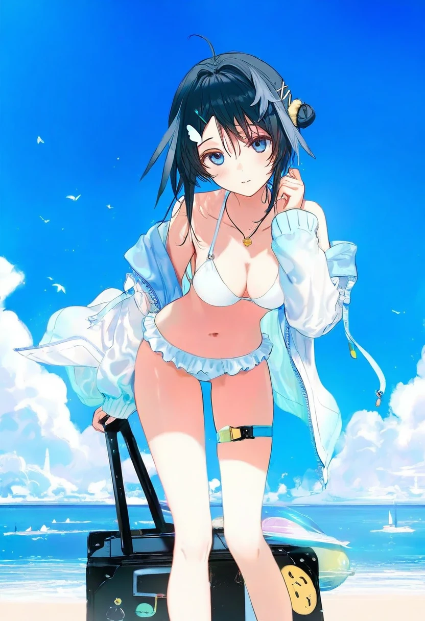 [ciloranko],kazutake hazano,kedama milk,[ask \(askzy\)],wanke,wlop,fujiyama,artisit:yuyu \(yuyuworks\),hiten \(hitenkei\),atrisit:dishwasher1910, - 1girl,la pluma \(summer flowers\) \(arknights\),arknights,white bikini,outdoors,navel,day,sky,blue sky,beach,suitcase,looking at viewer,ocean,low-tied long hair,leaning forward,standing,holding,frills,hand up,bare shoulders,floating hair,