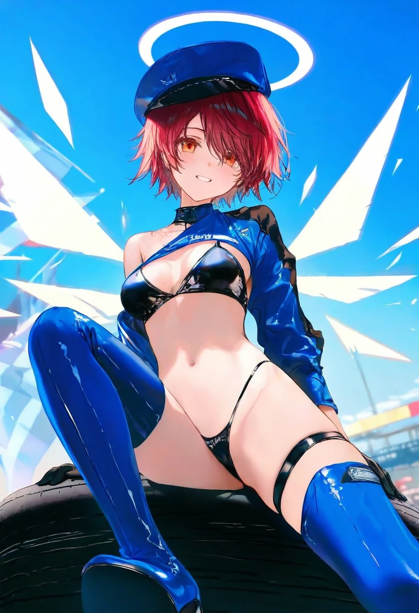 [ciloranko],kazutake hazano,kedama milk,[ask \(askzy\)],wanke,wlop,fujiyama,artisit:yuyu \(yuyuworks\),hiten \(hitenkei\),atrisit:dishwasher1910, - 1girl,exusiai \(arknights\),arknights,black gloves,black panties,blue thigh boots,blue hat,blue jacket,long sleeves,race queen,thigh strap,thong,single bare shoulder,skindentation,tire,