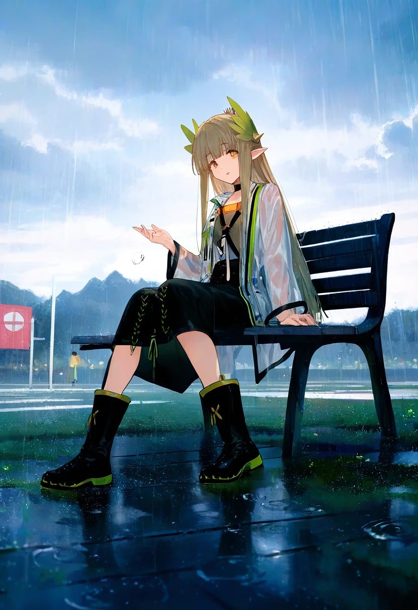 [ciloranko],kazutake hazano,kedama milk,[ask \(askzy\)],wanke,wlop,fujiyama,artisit:yuyu \(yuyuworks\),hiten \(hitenkei\),atrisit:dishwasher1910, - 1girl,muelsyse \(arknights\),arknights,cloudy sky,grass,on bench,outdoors,rain,road,yellow rubber boots,see-through coat,sitting,transparent raincoat,water drop,
