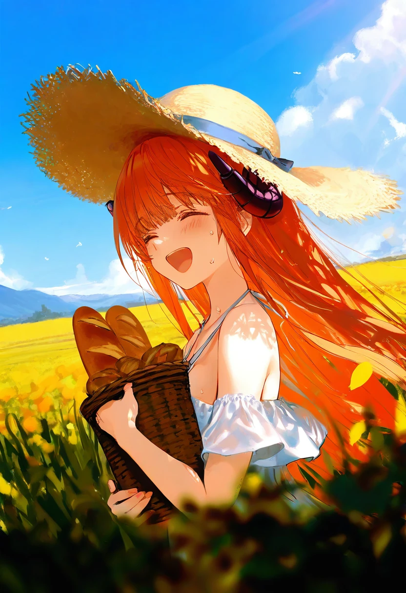 [ciloranko],kazutake hazano,kedama milk,[ask \(askzy\)],wanke,wlop,fujiyama,artisit:yuyu \(yuyuworks\),hiten \(hitenkei\),atrisit:dishwasher1910, - 1girl,bagpipe \(arknights\),arknights,baguette,blush,bread,croissant,holding basket,pretzel,upper body,straw hat,field,sky,laughing,sweat,sunlight,