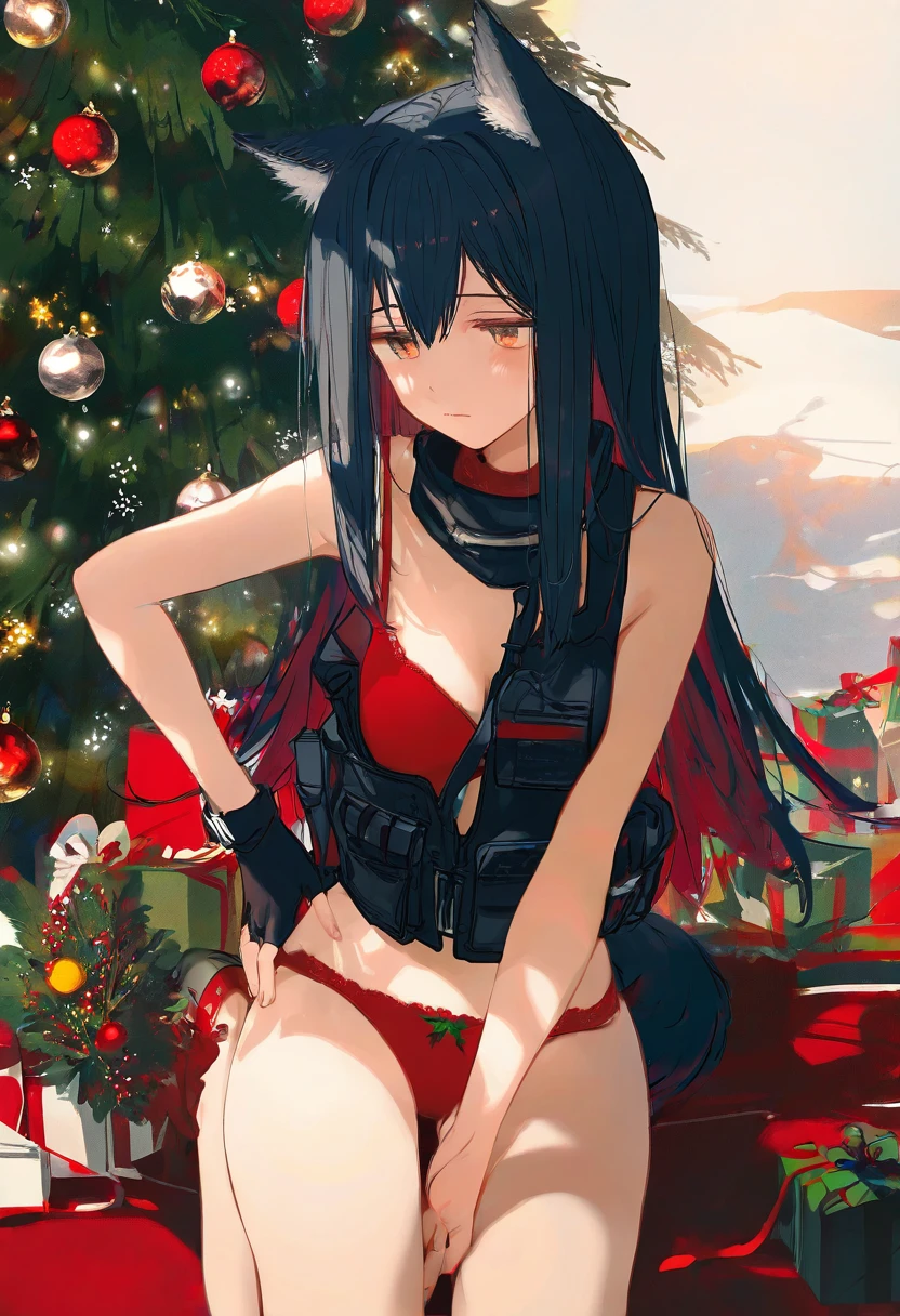 kazutake hazano,[ciloranko],[kedama milk],[ask \(askzy\)],wanke,wlop,fujiyama, - 1girl,texas \(arknights\),arknights,underwear,tactical vest,christmas tree,christmas ornaments,
