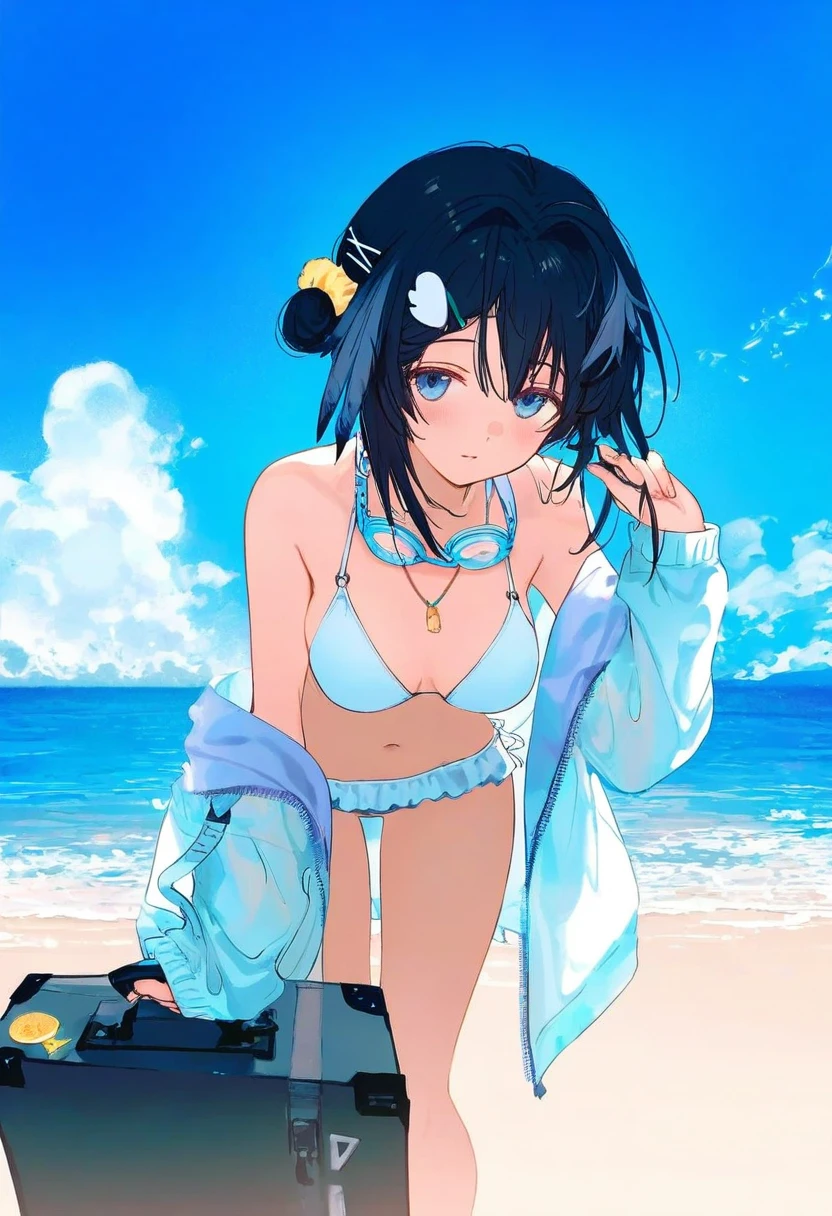 kazutake hazano,[ciloranko],[kedama milk],[ask \(askzy\)],wanke,wlop,fujiyama, - 1girl,la pluma \(summer flowers\) \(arknights\),arknights,white bikini,outdoors,navel,day,sky,blue sky,beach,suitcase,looking at viewer,ocean,low-tied long hair,leaning forward,standing,holding,frills,hand up,bare shoulders,floating hair,