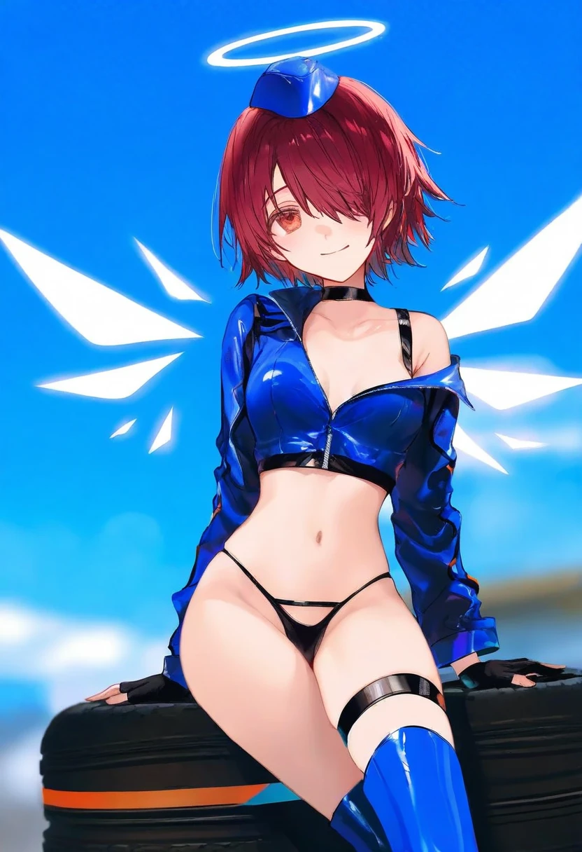 kazutake hazano,[ciloranko],[kedama milk],[ask \(askzy\)],wanke,wlop,fujiyama, - 1girl,exusiai \(arknights\),arknights,black gloves,black panties,blue thigh boots,blue hat,blue jacket,long sleeves,race queen,thigh strap,thong,single bare shoulder,skindentation,tire,