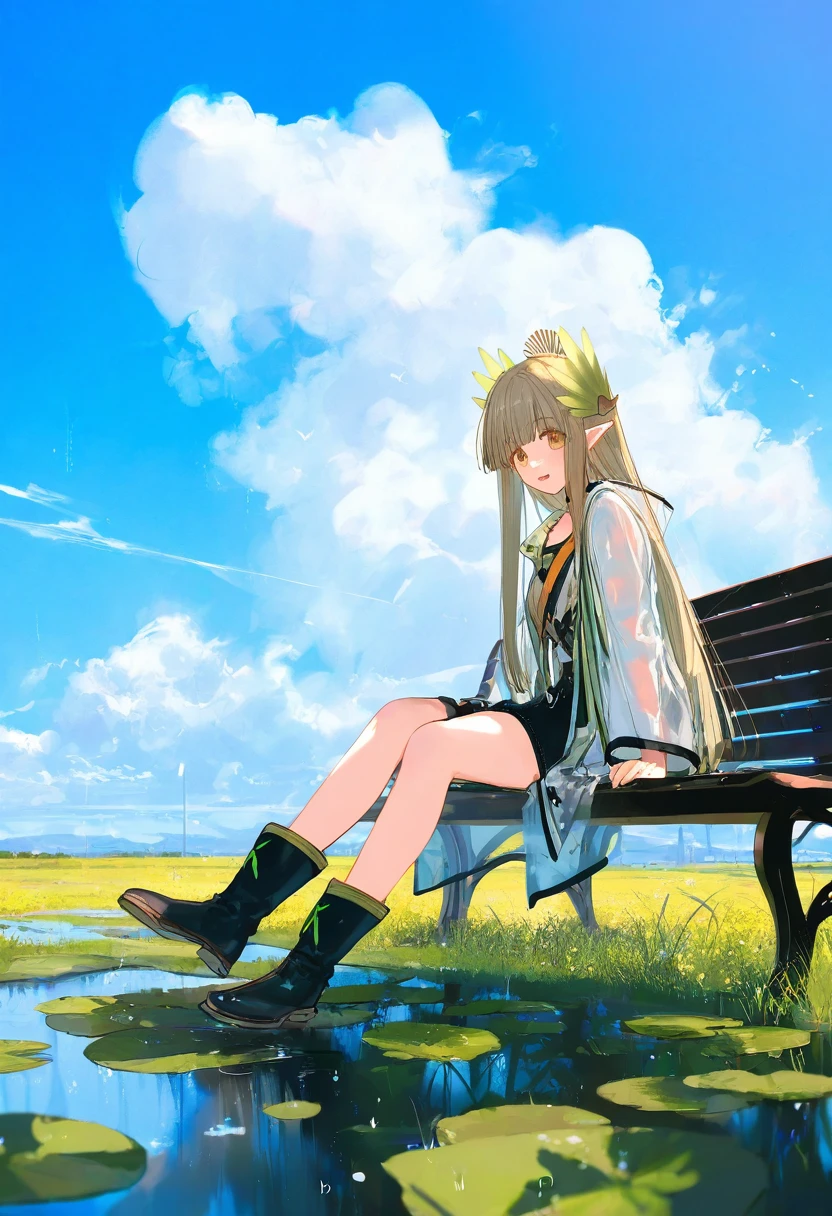 kazutake hazano,[ciloranko],[kedama milk],[ask \(askzy\)],wanke,wlop,fujiyama, - 1girl,muelsyse \(arknights\),arknights,cloudy sky,grass,on bench,outdoors,rain,road,yellow rubber boots,see-through coat,sitting,transparent raincoat,water drop,