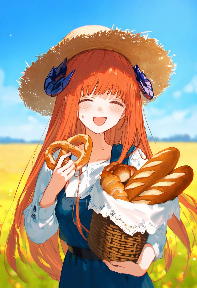 kazutake hazano,[ciloranko],[kedama milk],[ask \(askzy\)],wanke,wlop,fujiyama, - 1girl,bagpipe \(arknights\),arknights,baguette,blush,bread,croissant,holding basket,pretzel,upper body,straw hat,field,sky,laughing,sweat,sunlight,