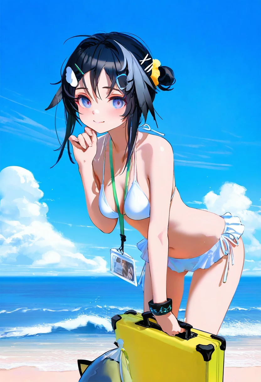 [kedama milk],mika pikazo,(wlop,reoen,tianliang duohe fangdongye),[ask \(askzy\)],[[As109]], - 1girl,la pluma \(summer flowers\) \(arknights\),arknights,white bikini,outdoors,navel,day,sky,blue sky,beach,suitcase,looking at viewer,ocean,low-tied long hair,leaning forward,standing,holding,frills,hand up,bare shoulders,floating hair,