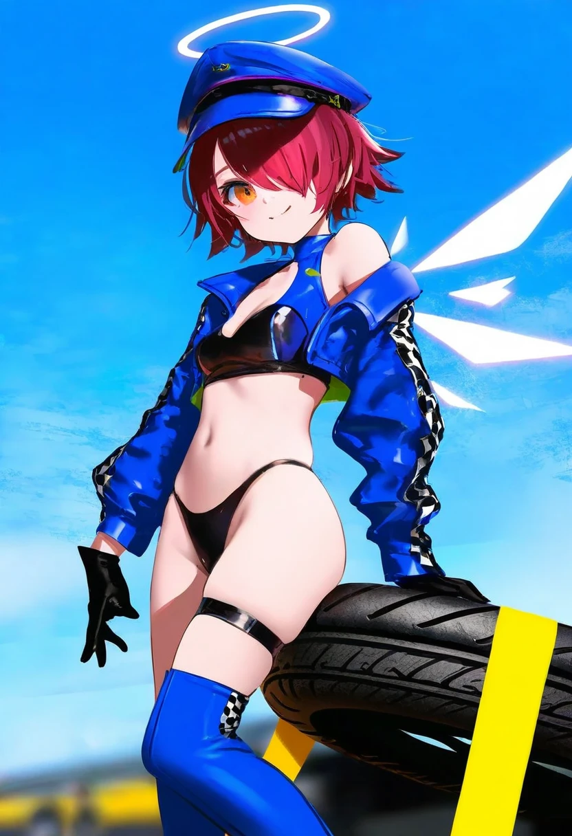 [kedama milk],mika pikazo,(wlop,reoen,tianliang duohe fangdongye),[ask \(askzy\)],[[As109]], - 1girl,exusiai \(arknights\),arknights,black gloves,black panties,blue thigh boots,blue hat,blue jacket,long sleeves,race queen,thigh strap,thong,single bare shoulder,skindentation,tire,