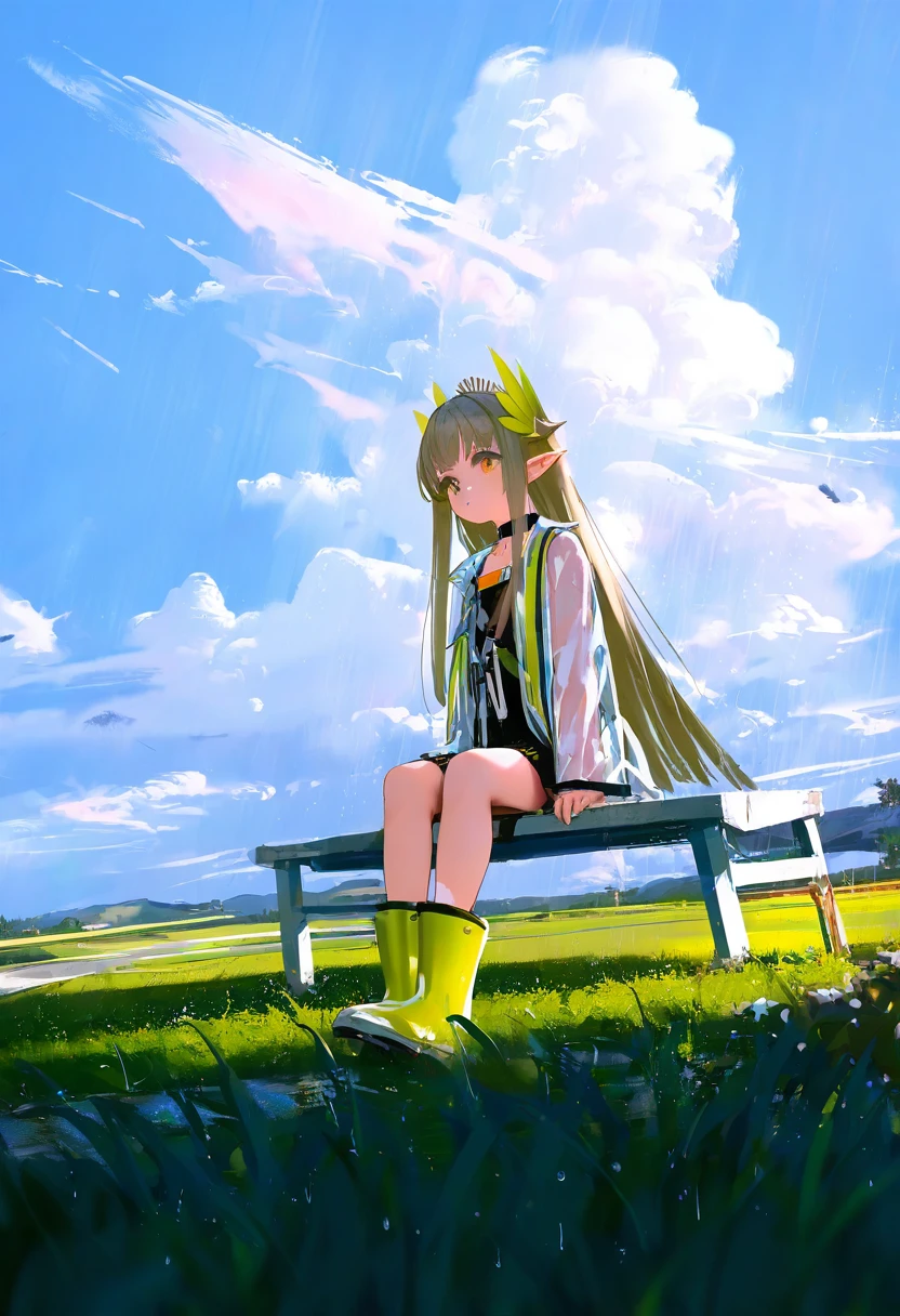 [kedama milk],mika pikazo,(wlop,reoen,tianliang duohe fangdongye),[ask \(askzy\)],[[As109]], - 1girl,muelsyse \(arknights\),arknights,cloudy sky,grass,on bench,outdoors,rain,road,yellow rubber boots,see-through coat,sitting,transparent raincoat,water drop,
