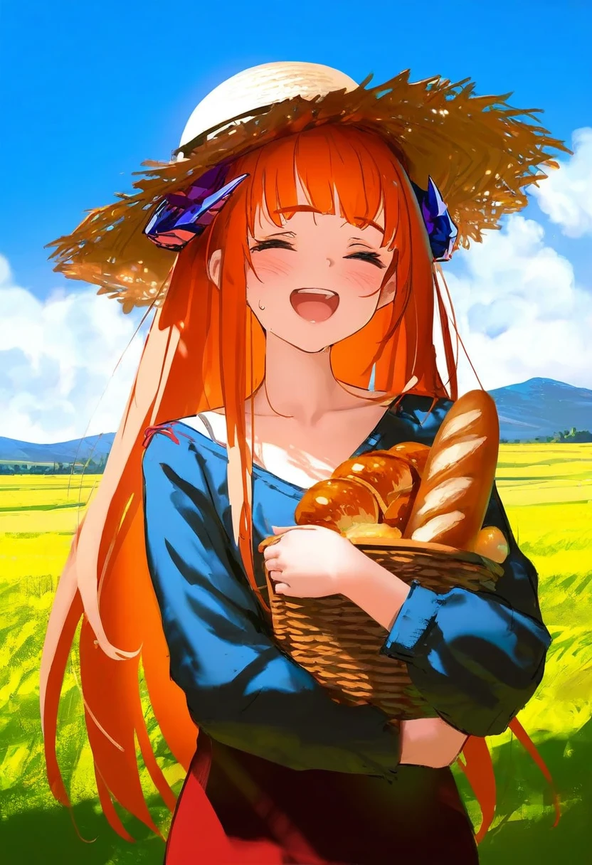 [kedama milk],mika pikazo,(wlop,reoen,tianliang duohe fangdongye),[ask \(askzy\)],[[As109]], - 1girl,bagpipe \(arknights\),arknights,baguette,blush,bread,croissant,holding basket,pretzel,upper body,straw hat,field,sky,laughing,sweat,sunlight,