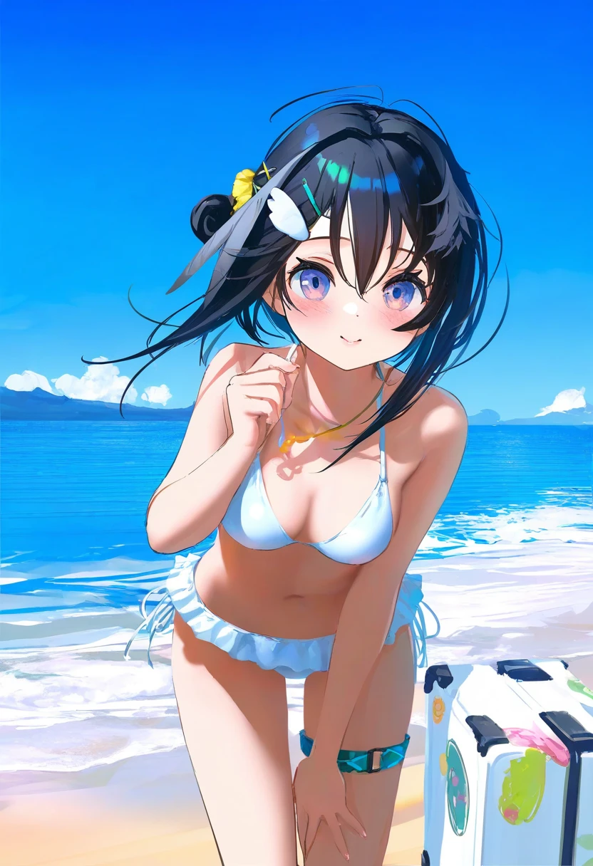 [kedama milk],mika pikazo,(wlop,reoen,tianliang duohe fangdongye),[ask \(askzy\)],[[kantoku]], - 1girl,la pluma \(summer flowers\) \(arknights\),arknights,white bikini,outdoors,navel,day,sky,blue sky,beach,suitcase,looking at viewer,ocean,low-tied long hair,leaning forward,standing,holding,frills,hand up,bare shoulders,floating hair,