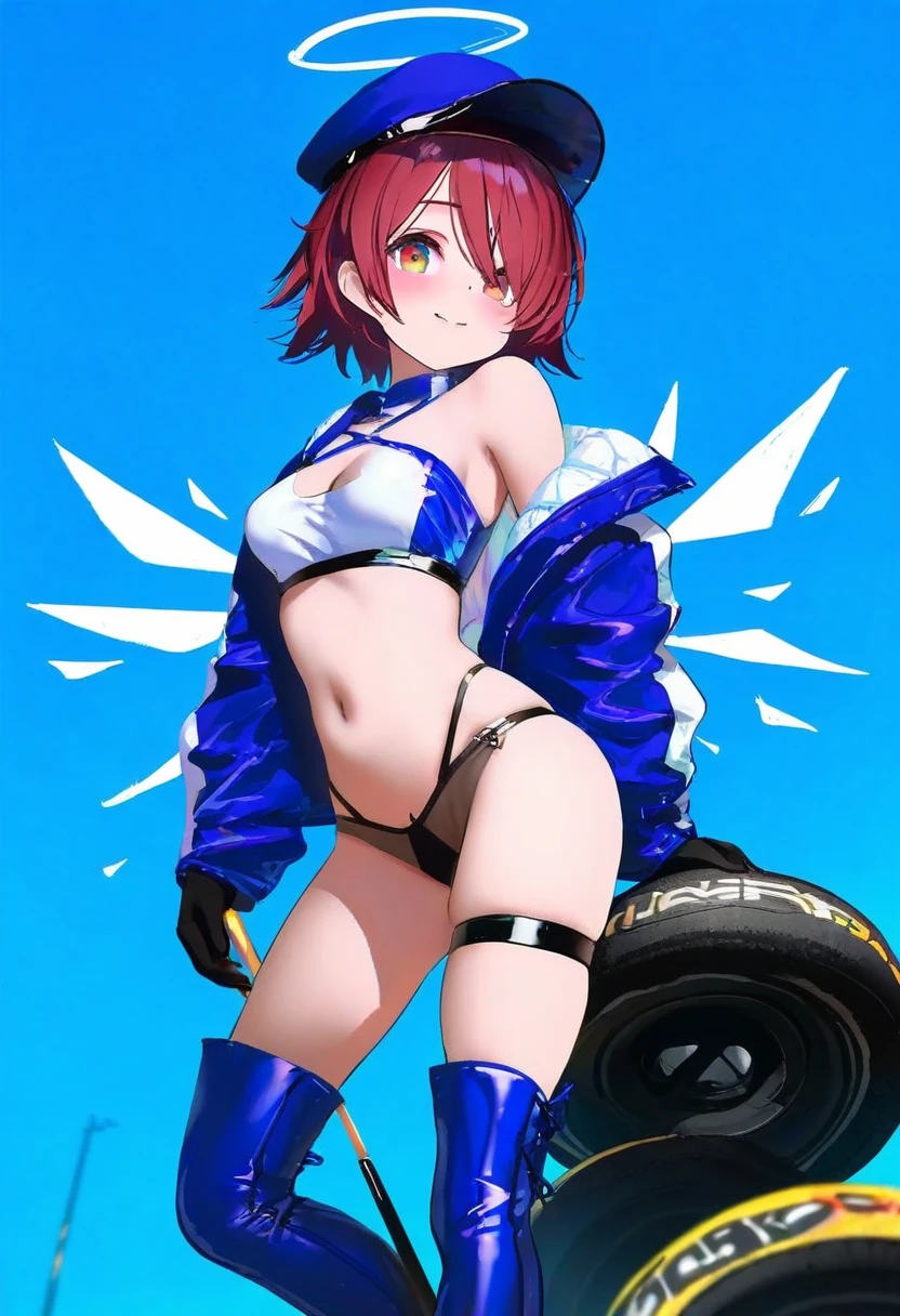 [kedama milk],mika pikazo,(wlop,reoen,tianliang duohe fangdongye),[ask \(askzy\)],[[kantoku]], - 1girl,exusiai \(arknights\),arknights,black gloves,black panties,blue thigh boots,blue hat,blue jacket,long sleeves,race queen,thigh strap,thong,single bare shoulder,skindentation,tire,